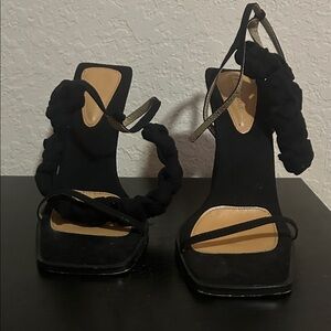 Lemon Black Braided Ankle-Strap Heeled Sandals